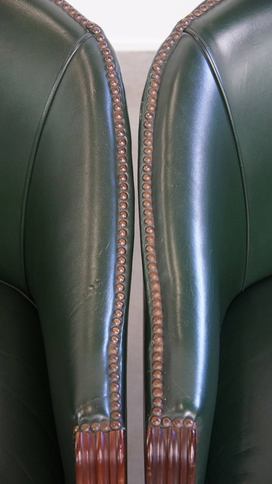 Image 1 of 2 x Beistell-/Ess-/Bürostuhl aus grünem Rindsleder und Holz im englischen Stil