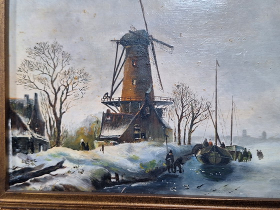 Image 1 of Wintertafereel olieverfschilderij op paneel 