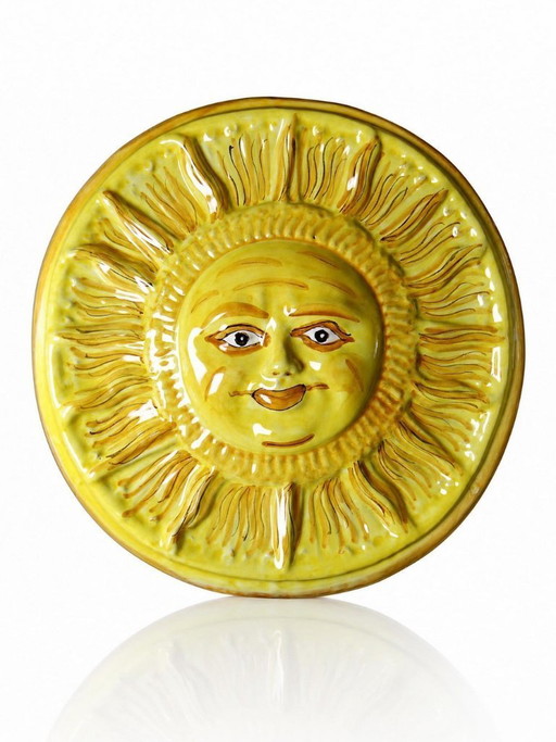 Vintage handcrafted Vietri majolica anthropomorphic sun wall plaque