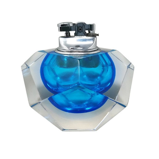 Schitterende blauwe tafelaansteker uit de jaren 60, gemaakt van Murano Sommerso-glas door Flavio Poli voor Seguso.