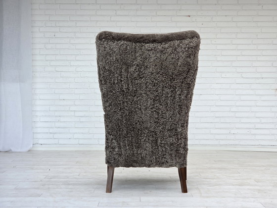 Image 1 of 1960s Reupholstered Danish Armchair with Stool, Genuine Sheepskin