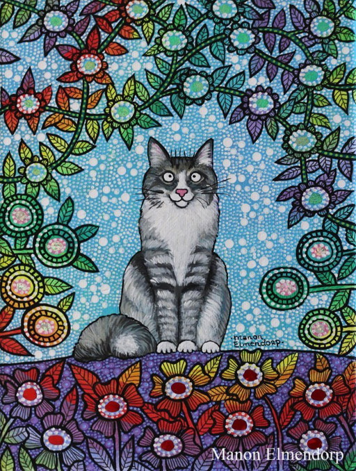 Unique Hand Painted Painting Cat and Flowers 18x24 cm