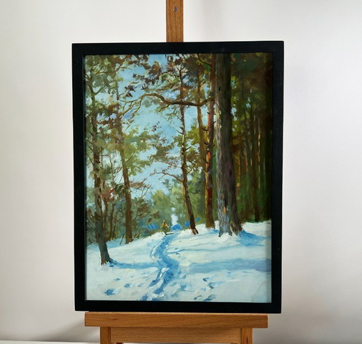 Original Oil Painting Winter Forest Landscape Walking through the snowy forest