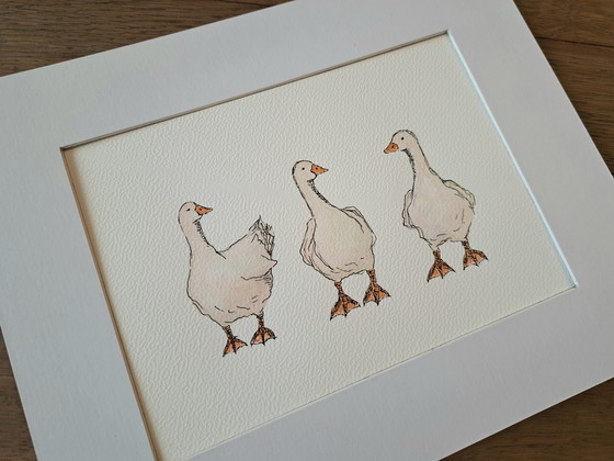 Image 1 of Watercolor three geese original in frame