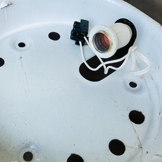 Image 1 of Portuguese round glass flush mount ceiling or wall lamp with black metal rim