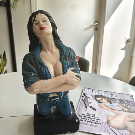 Image 1 of Vintage Rockabilly Pin-Up Bust Sculpture – Heavy Hand Painted Figure 33cm