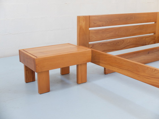 Image 1 of Bed frame and bedside tables, set of 3, solid elm wood, Regain France certified edition, year 1980