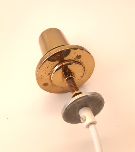 Image 1 of Lampada a sospensione vintage con sfera in ottone e vetro ambra, lampada a sospensione mcm