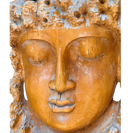 Monumentale Vintage Kwan Yin Muur Beeldhouwkunst – Brutalistisch Houtsnijwerk ca. 1970–1990 – 159 cm – Wood (photo 5 of 11)