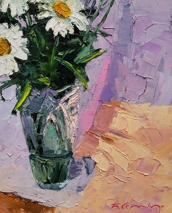 Original Oil Painting Floral Still Life Flowers in a Vase Bouquet of Daisies – Paintings & Drawings, Canvas (photo 7 of 7)