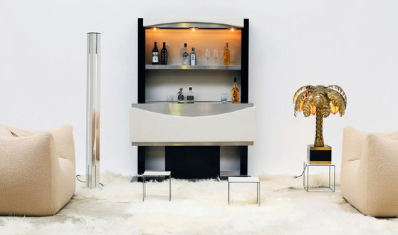 Vintage Cocktailbar Jaren 80 - Zwart Hout & Geborsteld Metaal - met 2 barkrukken – Drankenkasten, Metal, Wood (photo 5 of 8)