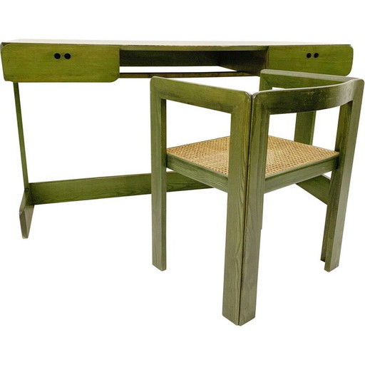 Bureau et chaise en bois vert du milieu du siècle dernier par Derk Jan de Vries, Pays-Bas années 1960