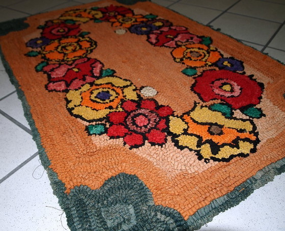 Image 1 of Vintage American Hooked Rug 2'x3' - 1930s Orange Floral