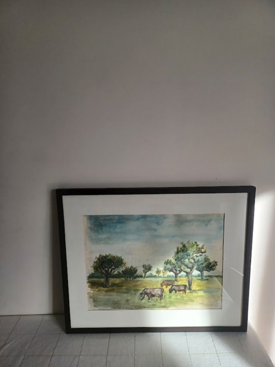 Image 1 of Serene watercolor with grazing cows – Bauwens ’36 – 43x52 cm”