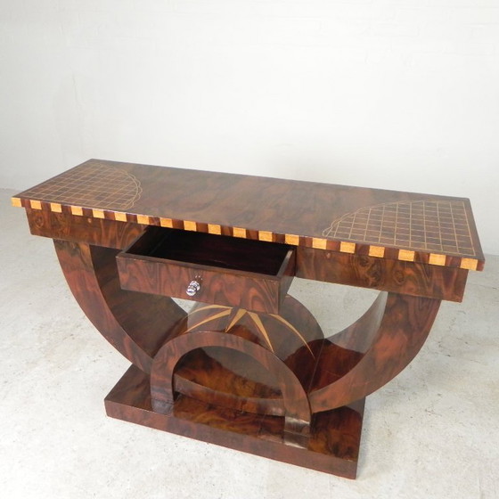 Image 1 of Art Deco style console table with different types of inlaid wood