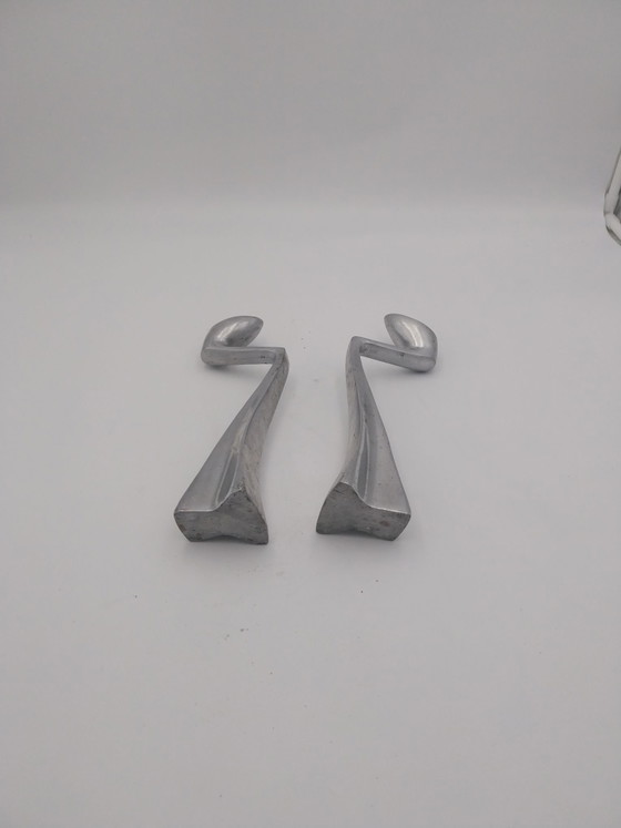 2 x set of 2 Mathew Hilton aluminum "swan" candle holders 1980's, Aluminium, Silver (photo 5 of 5)