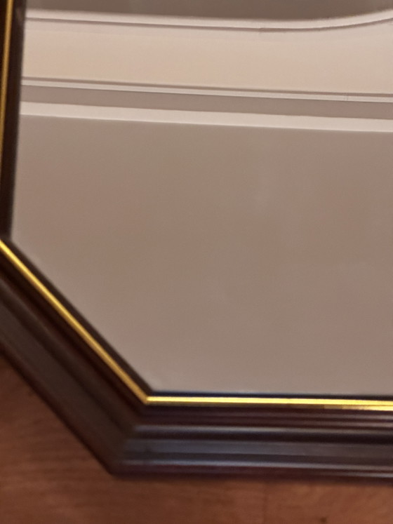 Vintage octagonal mirror in stained wood with a gold trim – 68 × 47.5 cm – Molduras Hergon, Glass (photo 11 of 15)