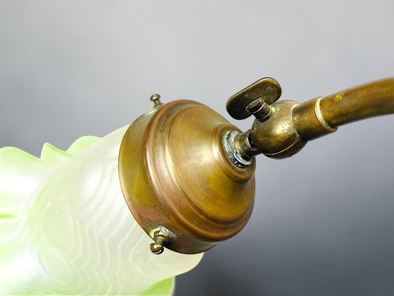 Art Nouveau Inspired Curved Brass Green Tulip Glass Table Lamp (photo 7 of 14)