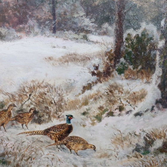 Image 1 of Pheasants in the Snow, Oil Painting on Board, Signed Wilhelm Buddenberg