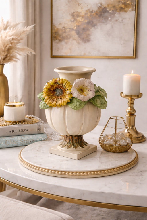 Decorative Ceramic Vase with Floral Relief – Elegant Interior Accent