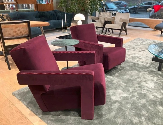 Image 1 of 2x Cassina 637 Utrecht Armchair (New, Never Used) in Ortigia/Plum Velvet with Red Thread Horse Stitching