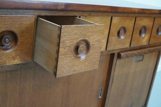 Image 1 of Grote Nederlandse industriële eiken apothekers- / bakkerijkast, ca. jaren 1950