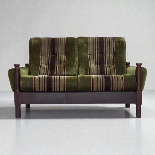 1970s, Scandinavian 2-seater sofa, green furniture velour, beech wood.