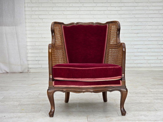 Image 1 of Fauteuil danois des années 1950, velours d'ameublement, bois de frêne, maille d'ameublement.