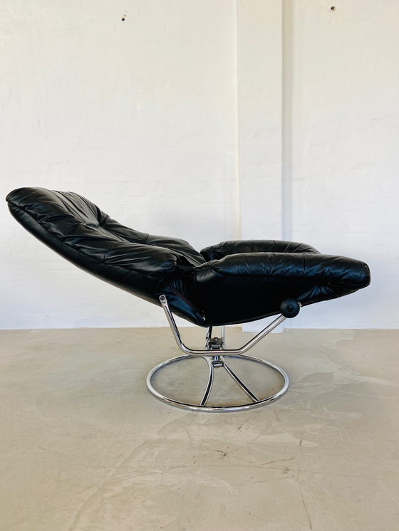 Image 1 of Vintage Deense Retro Mid Century Zwart Leren Stressless Bureaustoel 1970,S