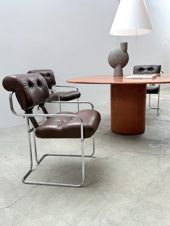 Image 1 of Set of 4 Guido Faleschini for i4Mariani 'Tucroma' chairs leather brown chrome, Italy 1970s