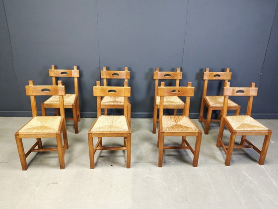 Image 1 of Vintage eiken en rieten brutalistische stoelen, jaren 60 - set van 8