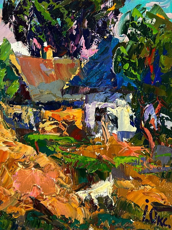 Image 1 of Original Oil Painting Rural Landscape Village The Goat in the Courtyard