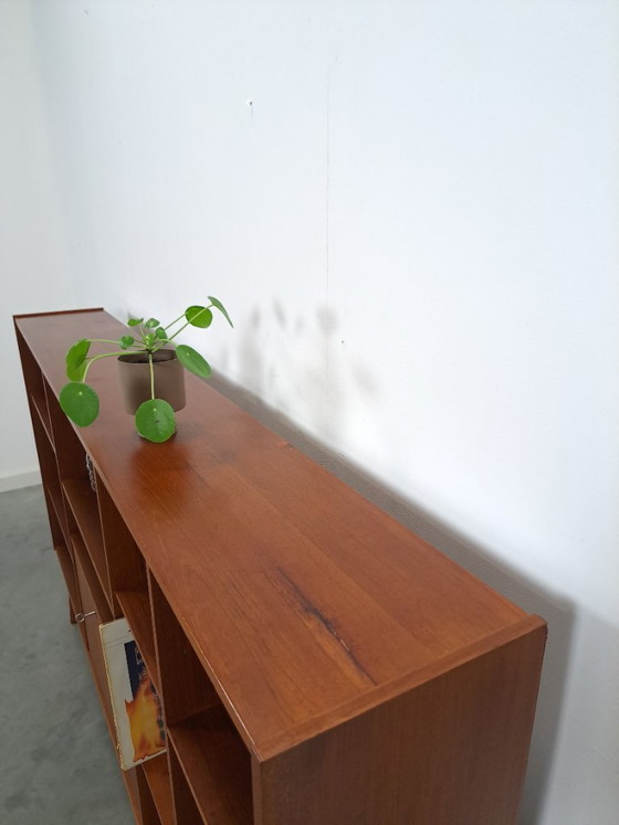 Image 1 of Danish teak wide LP cabinet with shelves, drawers and bar with mirror