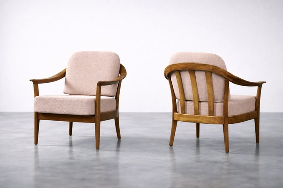Image 1 of Vintage Mid-Century German Modern Cherry Wood & Dirty Pink Fabric Armchairs from Wilhelm Knoll, 1970s, Set of 2