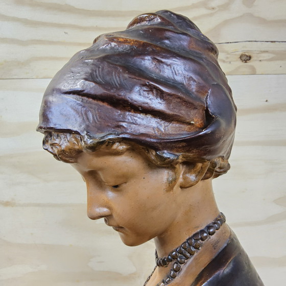 Image 1 of Antico busto di donna in gesso Art Nouveau (ca. 1900) Statua romantica francese/belga