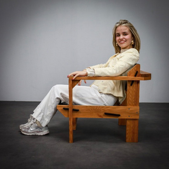 Image 1 of Rarissima coppia di poltrone lounge olandesi in legno massello di pino, di Wouter Fens, anni '60.