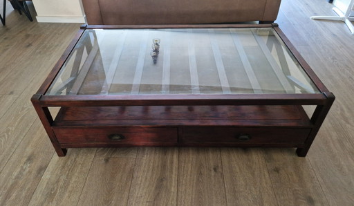 Salontafel Raffles Stijl, Antiek Look, Izgs. Met Glasplaat En 2 Lades – Wood (photo 2 of 13)