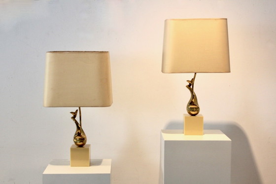 Pair of Exclusive Philippe-Jean Brass Art Sculpture Table Lamps, signed, Marble, Mid Century Modern (photo 7 of 14)