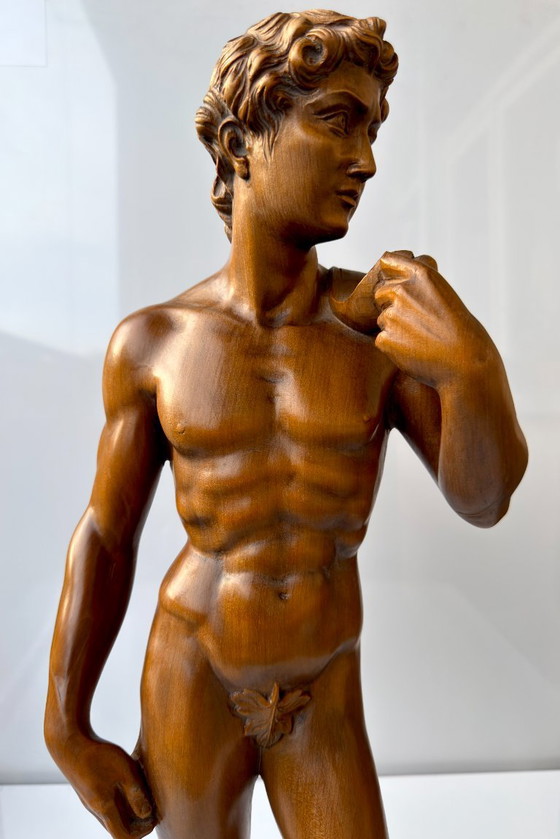 Michelangelo David Sculture in Legno Intagliate a Mano 65 cm Statua Vintage Foglia di Fico (photo 6 of 23)