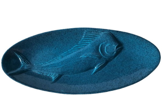 Image 1 of (W029) Rare Vintage Ross Art Fish Bowl Set – 2 Blue Ceramic Serving Dishes 48cm