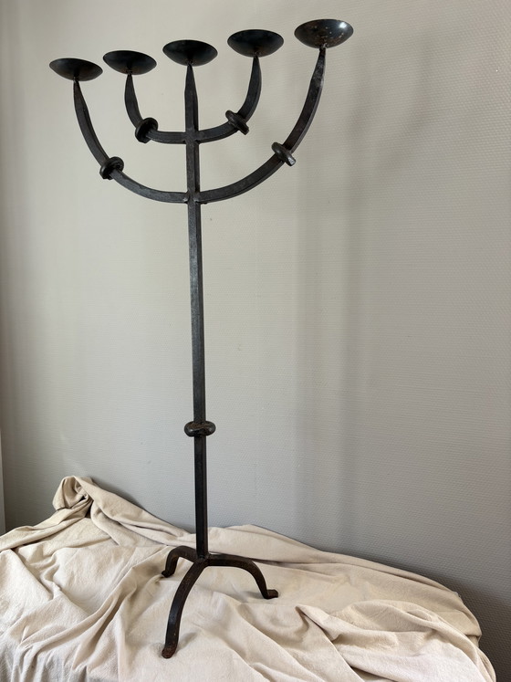 Image 1 of  Vintage brutalistische smeedijzeren 5armige kandelaar h90cm
