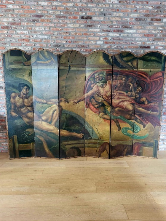 Image 1 of Zeldzaam handgeschilderd Art Deco kamerscherm – in de stijl van Michelangelo’s “Schepping van Adam” (ca. 1920–1935)