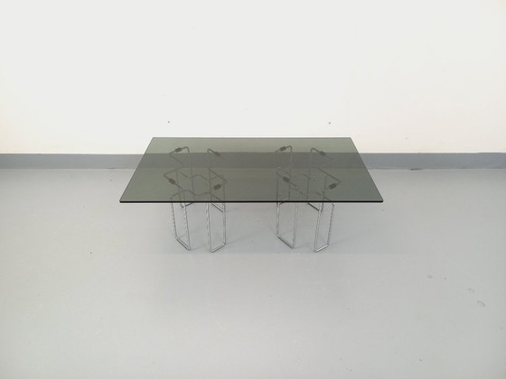 Image 1 of Vintage Space Age rectangular coffee table in smoked glass and chrome metal from the 1970s
