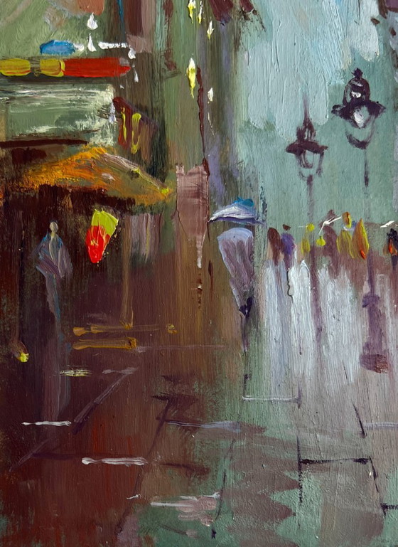 Image 1 of Origineel olieverfschilderij: Zomers stadslandschap. De drukte van het stadsleven.