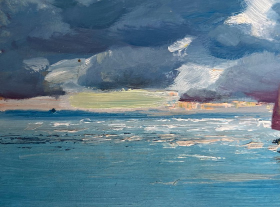 Image 1 of Peinture à l'huile originale, paysage marin d'été. Le soleil derrière les nuages.