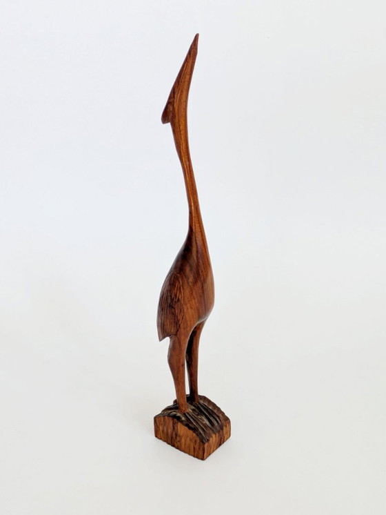 Image 1 of Kraanvogelsculptuur van teakhout uit het midden van de 20e eeuw, 34,5 cm, handgesneden in Deense stijl