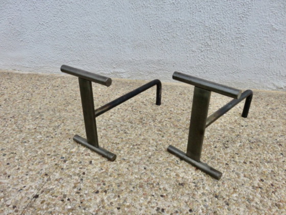 Image 1 of Pair of modernist, minimalist andirons in raw steel, France, 1960