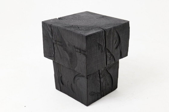 Rustic Sculptural Side Table / Stool, Burnt Black Oak Wood, Carved, Unique, Logniture (photo 3 of 9)