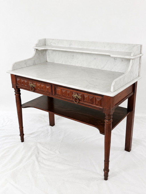 Antiker Schminktisch im Stil Ludwigs XVI. aus Holz und weiß geädertem Marmor – ladekasten, Wood, Marble (photo 2 of 5)