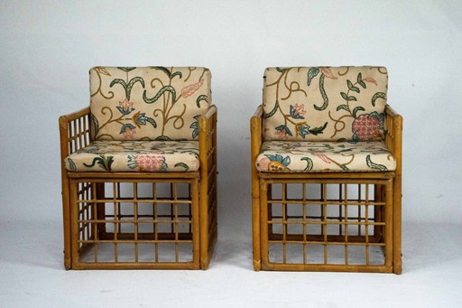 Pareja de sillones vintage de ratán y bambú de Vivai del Sud. Italia, década de 1960.